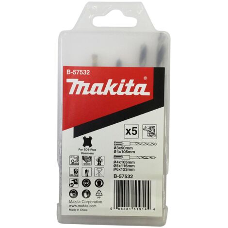 Makita – Foret SDS+ 5 pièces B57532 – Bois et métal – Diamètres 3 à 6 mm – Mode rotatif uniquement – Pour perçage précis (1/3)