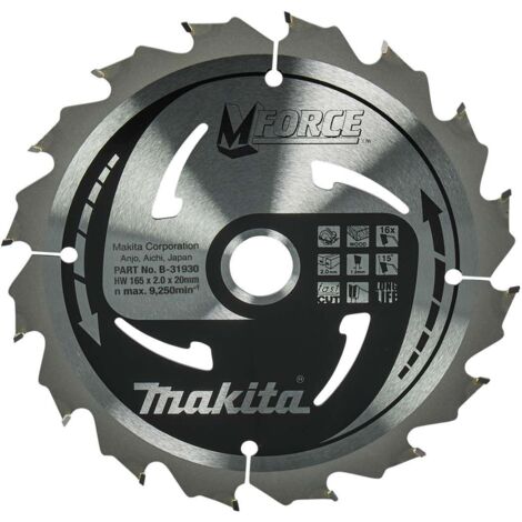 Makita – B31930 Lame de scie circulaire 165 mm – Alésage 20 mm – 16 dents – Pour bois dur et teck – Coupe nette sans éclat