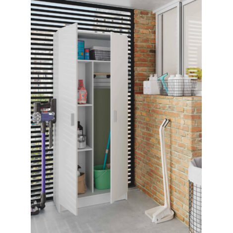 Armoire blanche 2 portes 73x37x180 cm – Panneaux mélaminés résistants – 3 étagères réglables – Rangement buanderie, garage, entrée – Habitdesign - cm73x37x180h