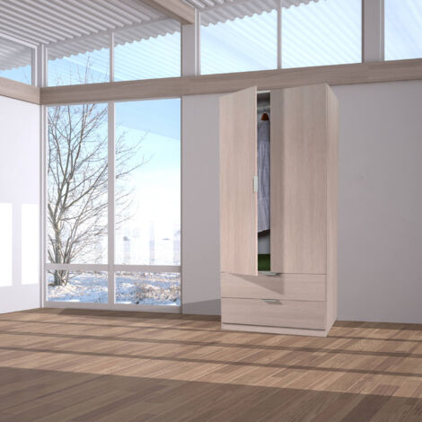 Usinestreet – Armoire penderie 2 portes 2 tiroirs L81 x H180 cm – Chêne clair – Panneaux mélaminés et MDF – Poids supporté 45 kg