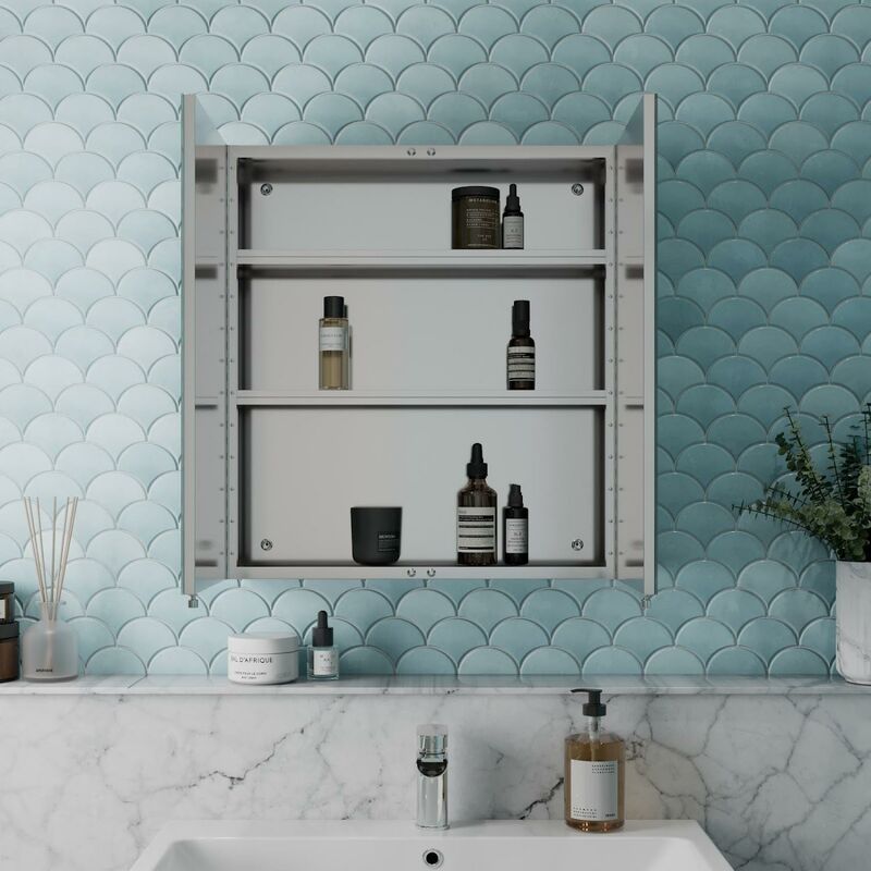 Artis Double Door Bathroom Mirror Cabinet Cupboard Stainless Steel Wall Mounted 600mm 