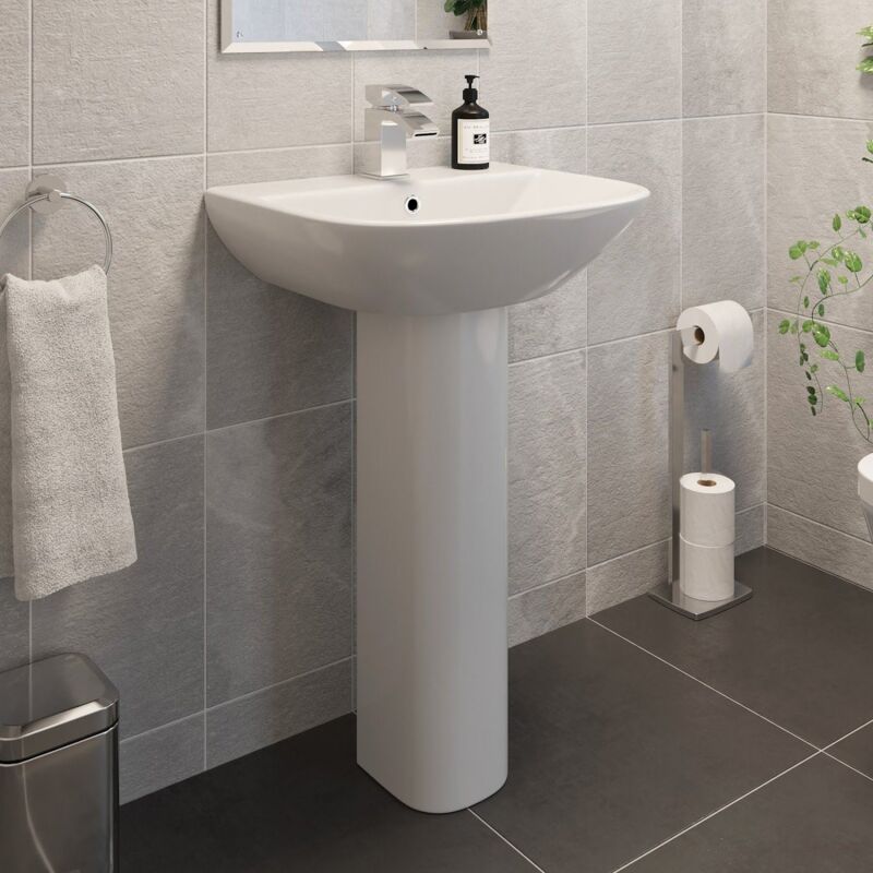 Ceramic Modern Bathroom Basin And Full Pedestal Single Tap Hole Sink White 550mm