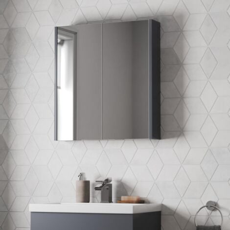 600mm Bathroom Mirror Cabinet 2 Door Cupboard Wall Mounted Grey