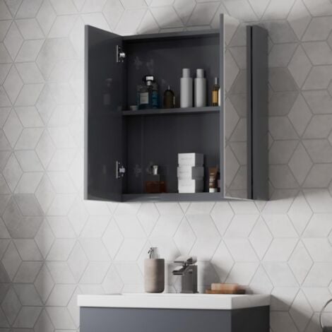 600mm Bathroom Mirror Cabinet 2 Door Cupboard Wall Mounted Grey