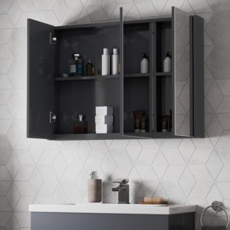 900mm Bathroom Mirror Cabinet Three Door Cupboard Wall Mounted Grey