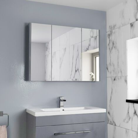 900mm Bathroom Mirror Cabinet Three Door Cupboard Wall Mounted Grey
