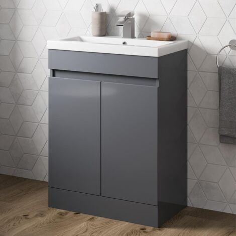 Grey Gloss Bathroom Furniture Vanity Unit with Basin Sink Cabinet Storage 600mm Door