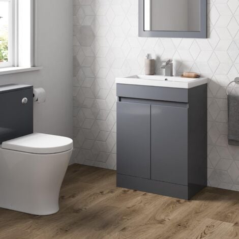 Grey Gloss Bathroom Furniture Vanity Unit with Basin Sink Cabinet Storage 600mm Door