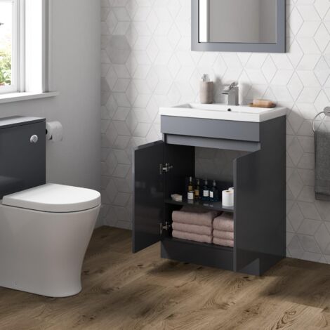 Grey Gloss Bathroom Furniture Vanity Unit with Basin Sink Cabinet Storage 600mm Door
