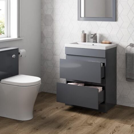 Grey Gloss Bathroom Furniture Vanity Unit with Basin Sink Cabinet ...