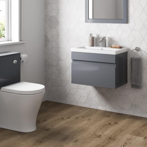 Grey Gloss Bathroom Furniture Vanity Unit with Basin Sink Cabinet Storage 600mm Drawer Wall Hung