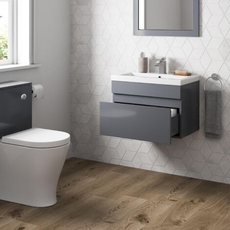 Grey Gloss Bathroom Furniture Vanity Unit with Basin Sink Cabinet Storage 600mm Drawer Wall Hung