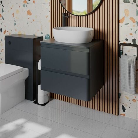 Bathroom Cloakroom Vanity Unit Wall Hung Countertop Wash Basin Grey 600mm