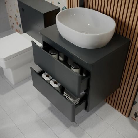 Bathroom Cloakroom Vanity Unit Wall Hung Countertop Wash Basin Grey 600mm