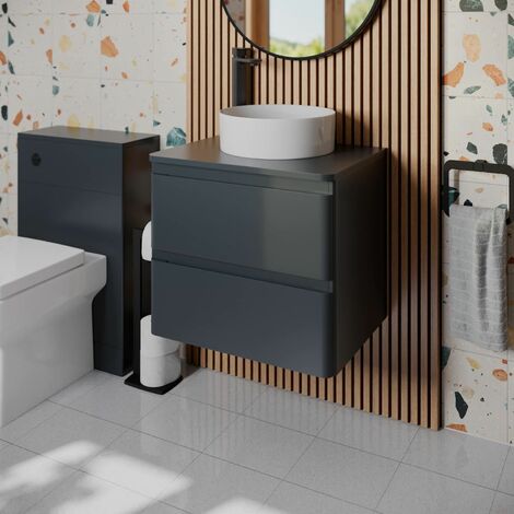 Bathroom Cloakroom Vanity Unit Wash Countertop Basin Wall Hung Grey 600mm (1/5)
