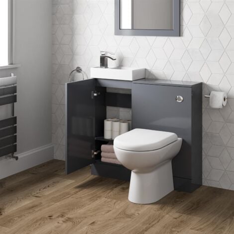 Modern Bathroom Toilet & Basin Sink Vanity Unit 900mm Gloss Grey