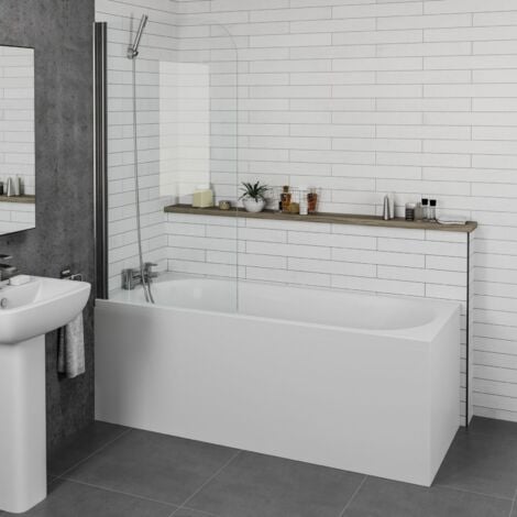 Bathroom 1700mm Single Ended Straight Bath 4mm Shower Screen Front Panel White