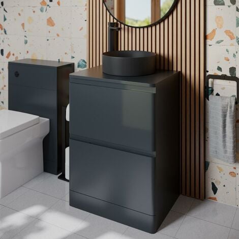 Bathroom Cloakroom Vanity Unit Countertop Wash Basin Storage Grey 600mm
