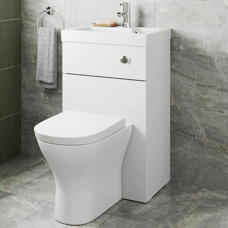 2 in 1 Toilet Basin Combi Unit Back to Wall BTW White Gloss Space Saving 500mm (1/5)