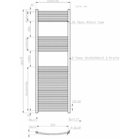 Chrome Curved Heated Towel Rail Bathroom Radiator Ladder Designer 1800 x 600mm