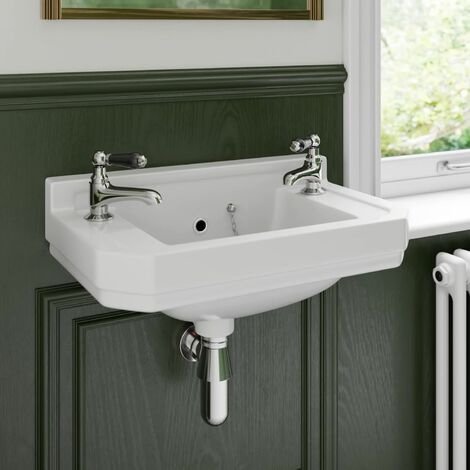 Traditional 2 Tap Hole Wall Hung Basin Sink Cloakroom Bathroom White Gloss