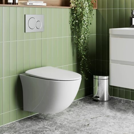 Modern Bathroom Wall Hung Rimless Toilet Pan Soft Close Seat Gloss White