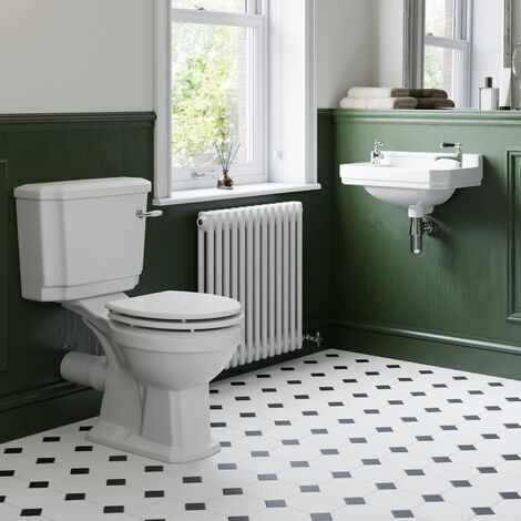 Traditional Cloakroom Suite Close Coupled Toilet WC Wall Hung 2 Tap Hole Basin (1/5)