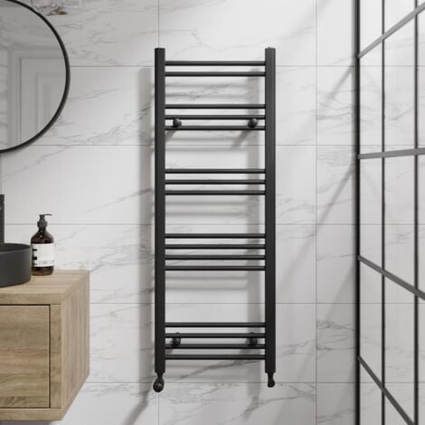 DuraTherm Matt Black Flat Straight Heated Towel Rail Bathroom Radiator Designer 1200 x 450mm