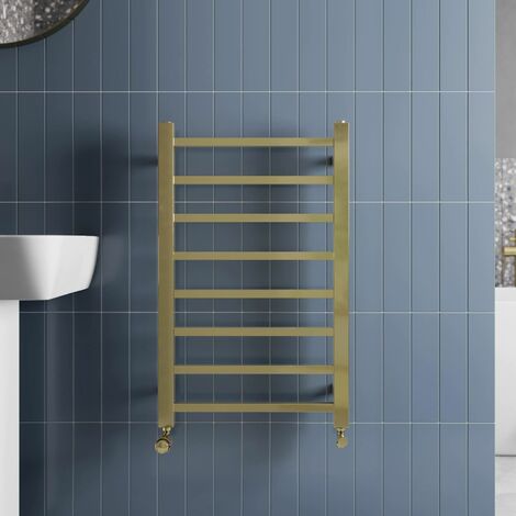 Solaro Brushed Brass Heated Towel Rail Square Bar Bathroom Radiator Ladder Wall Mounted 800 x 500mm (1/4)