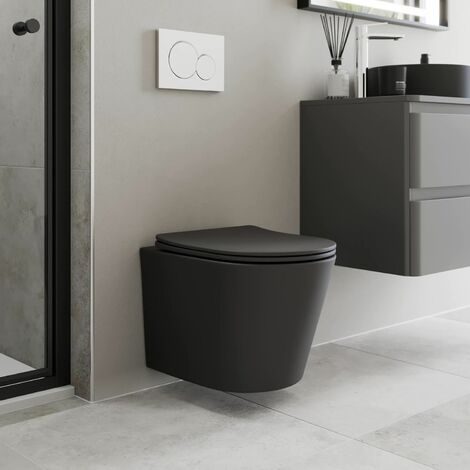 Modern Bathroom Wall Hung Rimless Toilet Pan Soft Close Seat Matt Black