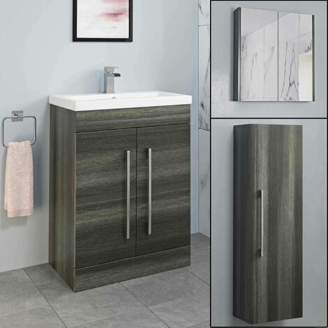 Basin Vanity Unit Mirror Cabinet Tall Cupboard Bathroom Bundle Charcoal