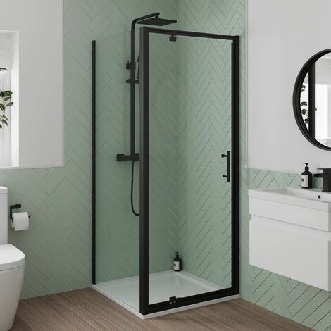 900 x 900mm Pivot Shower Door Side Panel Enclosure 6mm Glass Black Framed (1/4)