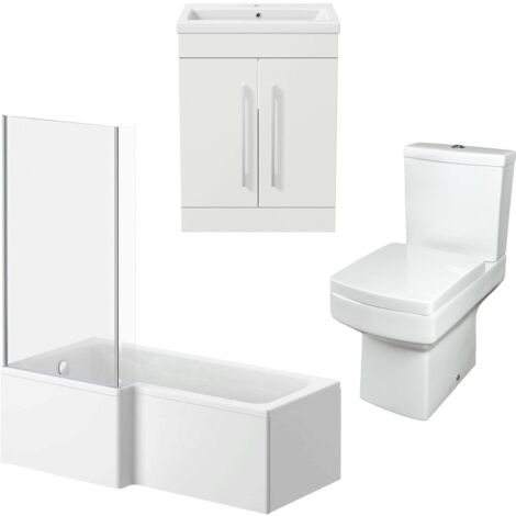 Bathroom Suite Vanity Unit Basin L Shape Bath With Square Toilet WC White LH (1/5)