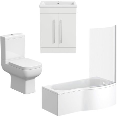 Bathroom Suite Vanity Unit Basin P Shape Bath Close Coupled Toilet White RH