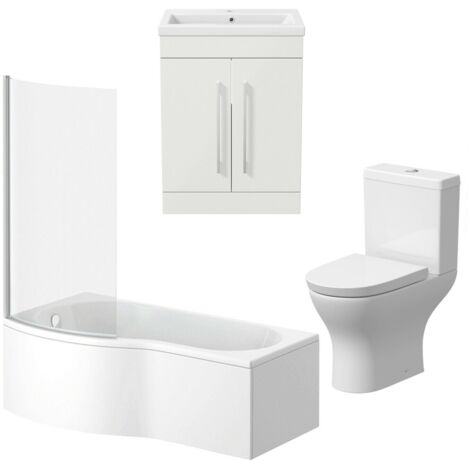 Bathroom Suite Vanity Unit Basin P Shape Bath With Curved Pan Toilet ...