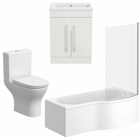 Bathroom Suite 1700mm LH P Shape Bath Screen WC Basin Vanity Unit Charcoal Grey