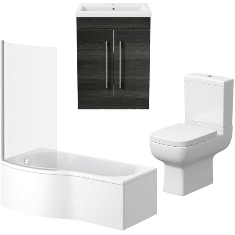 Bathroom Suite Vanity Unit P Shape Bath Close Coupled Toilet Charcoal ...