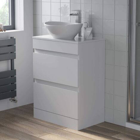 Countertop Vanity Unit & Basin Floor Standing Bathroom Furniture Drawer White Gloss 600mm with 410mm Oval Basin