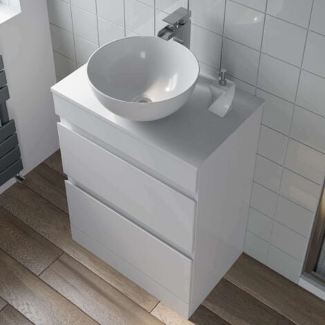 Countertop Vanity Unit & Basin Floor Standing Bathroom Furniture Drawer White Gloss 600mm with 360mm Round Basin