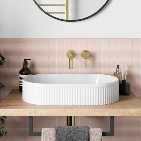 Bathroom Countertop Basin Sink Fluted Gloss White Oval Modern 573 x 358mm (1/4)