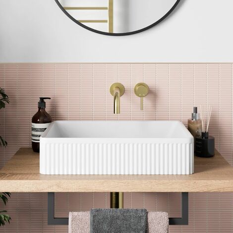 Bathroom Countertop Basin Sink Fluted Gloss White Rectangular Modern 503 x 365mm (1/4)