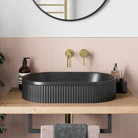 Bathroom Countertop Basin Sink Fluted Matt Black Oval Modern 573 x 358mm