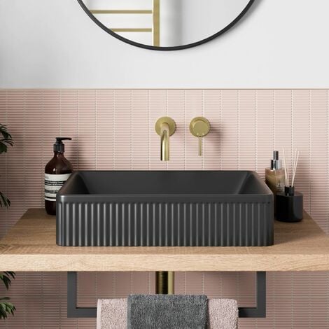 Bathroom Countertop Basin Sink Fluted Matt Black Rectangular Modern 503 x 365mm