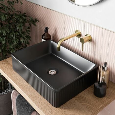 Bathroom Countertop Basin Sink Fluted Matt Black Rectangular Modern 503 x 365mm