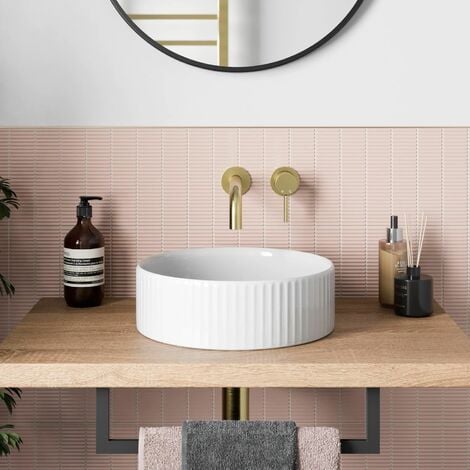 Bathroom Countertop Basin Sink Fluted Gloss White Round Modern 360 x 360mm