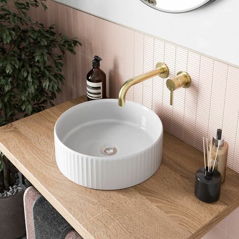 Bathroom Countertop Basin Sink Fluted Gloss White Round Modern 360 x 360mm
