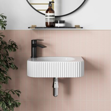 Bathroom Wall Hung Basin Sink Fluted Gloss White 1 Tap Hole Modern 446 x 265mm (1/5)