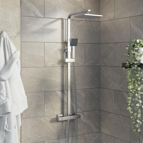 Square Chrome Thermostatic Mixer Shower Dual Head Rainfall Head Handset Bathroom