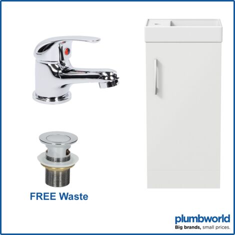 400mm White Gloss Bathroom Vanity Unit with Basin Sink Storage with Essentials Curved Mixer Tap & Waste (1/5)