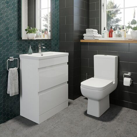 600mm Bathroom Drawer Vanity Unit Basin Modern Soft Close Toilet WC Gloss White